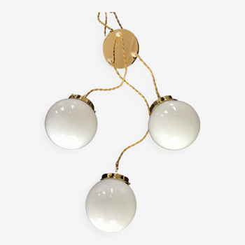 Three-light waterfall pendant light, vintage globes in white opaline