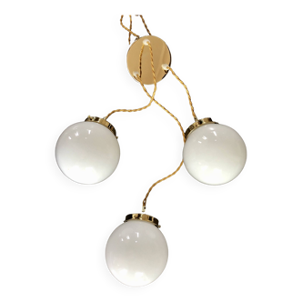 Three-light waterfall pendant light, vintage globes in white opaline