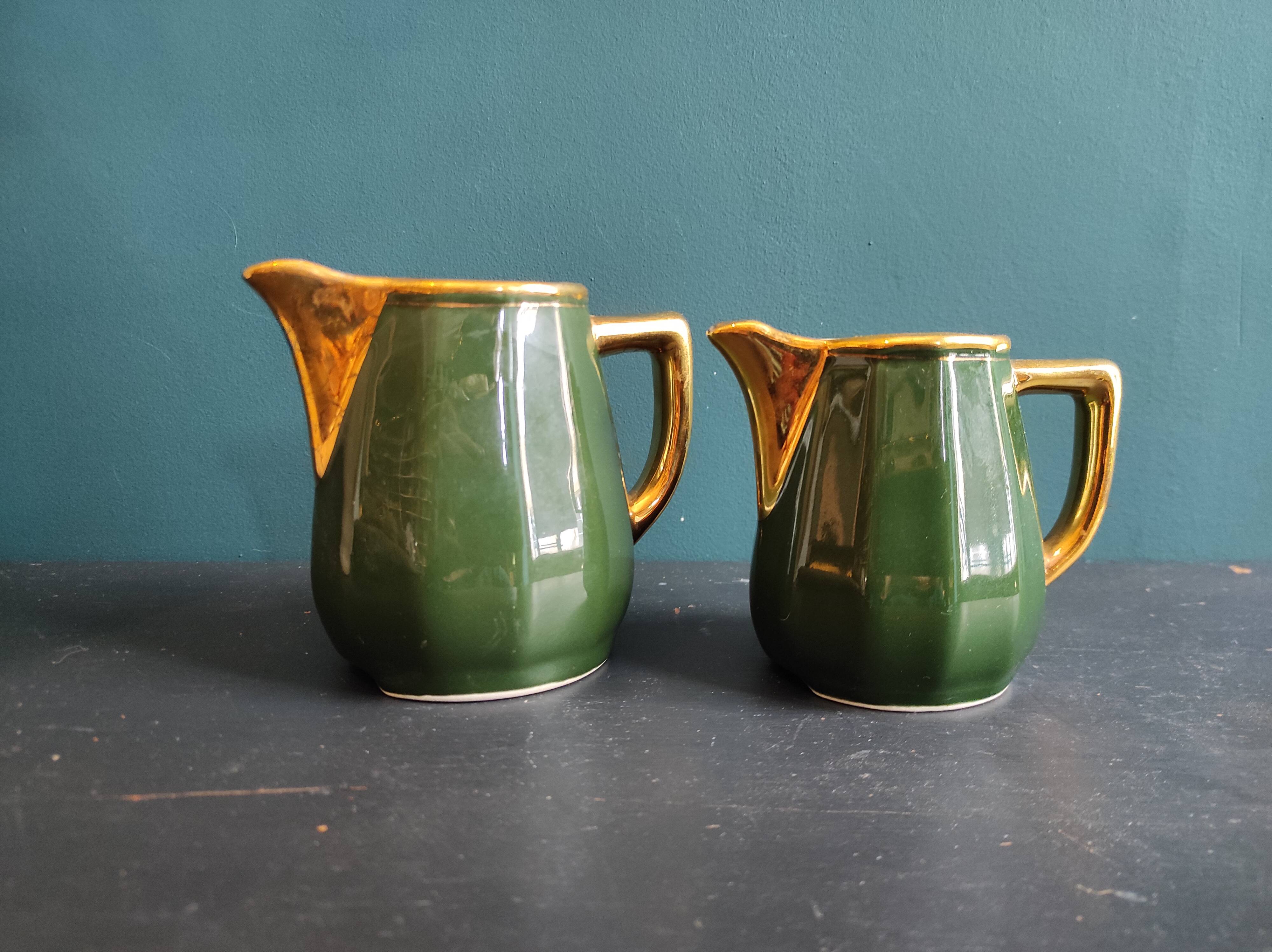 Set of two vintage French milk jugs in green and gold, Manuguet, Tarbes Lourdes