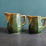 Set of two vintage French milk jugs in green and gold, Manuguet, Tarbes Lourdes