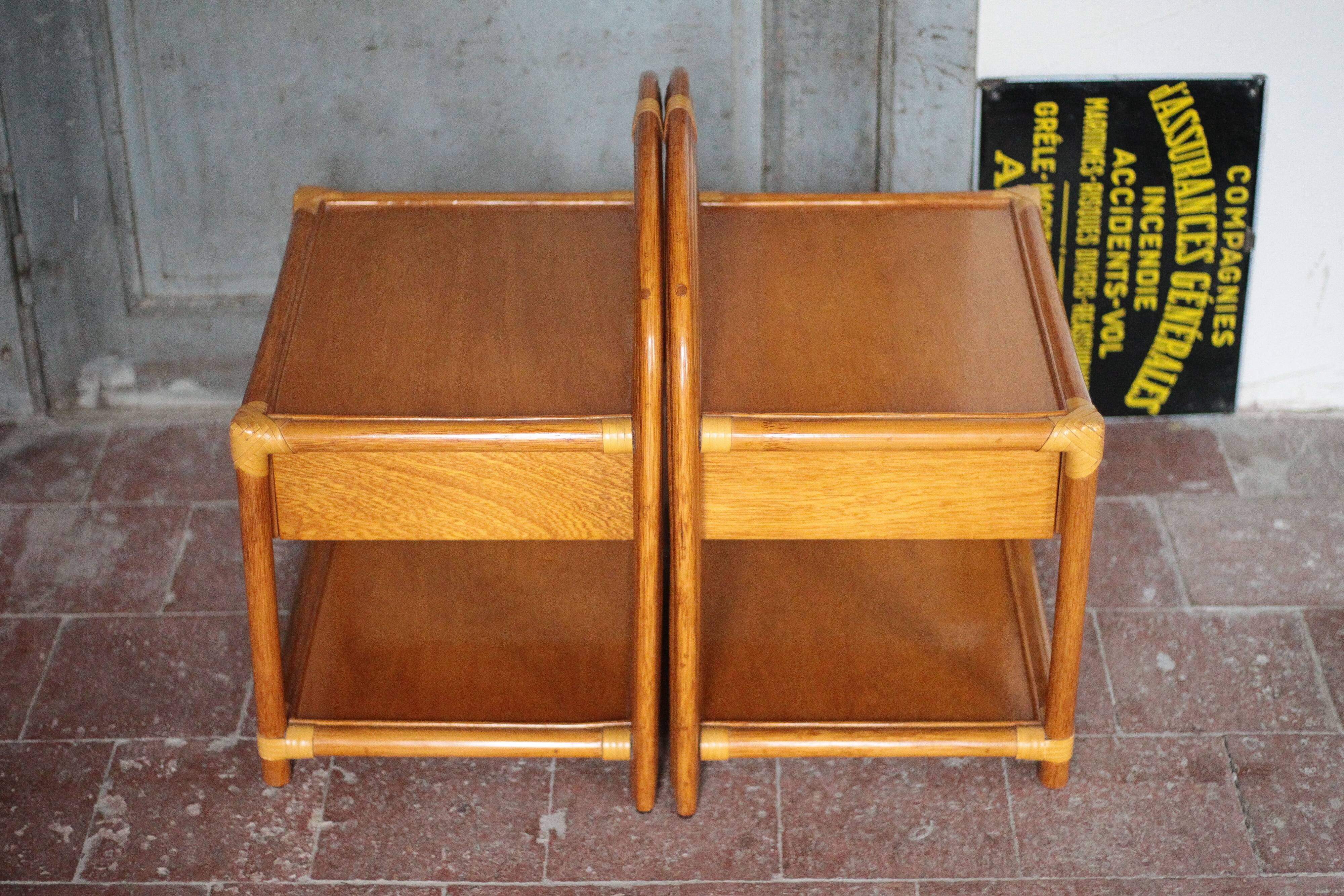 Paire de table rotin Maugrion pour Roche Bobois, table de chevet rotin