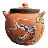 Antique decorative Japanese teapot in terracotta orange tones, with multico enamelled dragon decoration