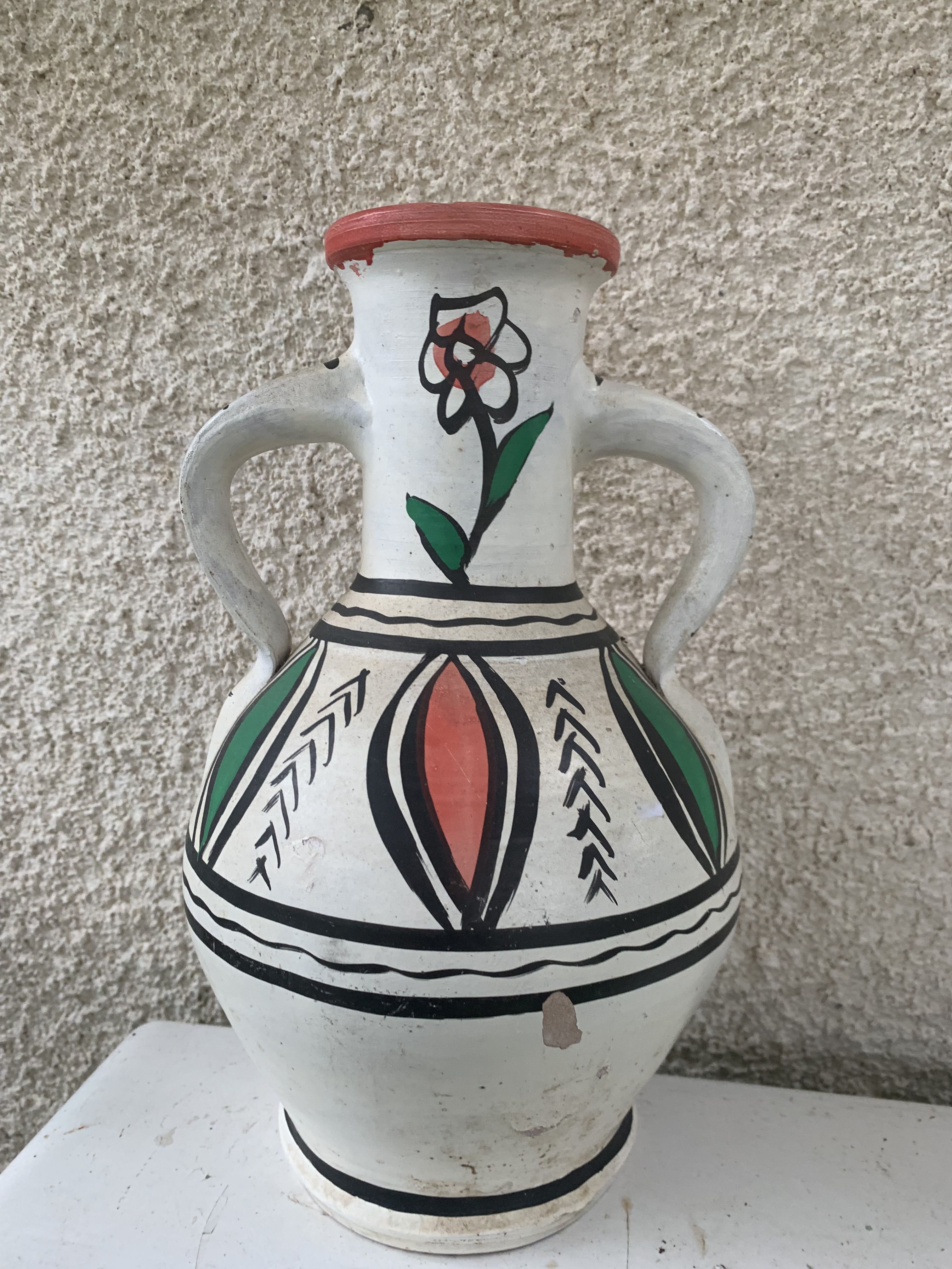 Pair of amphora vase, vintage artisanal and oriental pottery