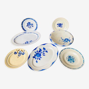 Set of flat crockery and old blue plates