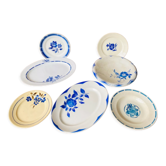 Set of flat crockery and old blue plates