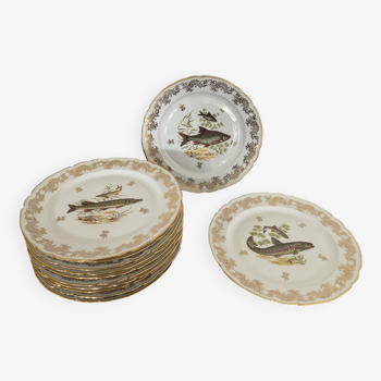 Assiettes plates vintage porcelaine fine de Limoges motifs de poissons  et dorures - ULIM Pompadoure