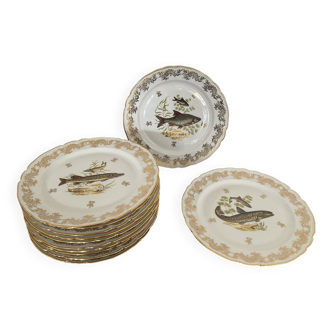 Vintage fine Limoges porcelain flat plates with fish motifs and gilding - ULIM Pompadoure