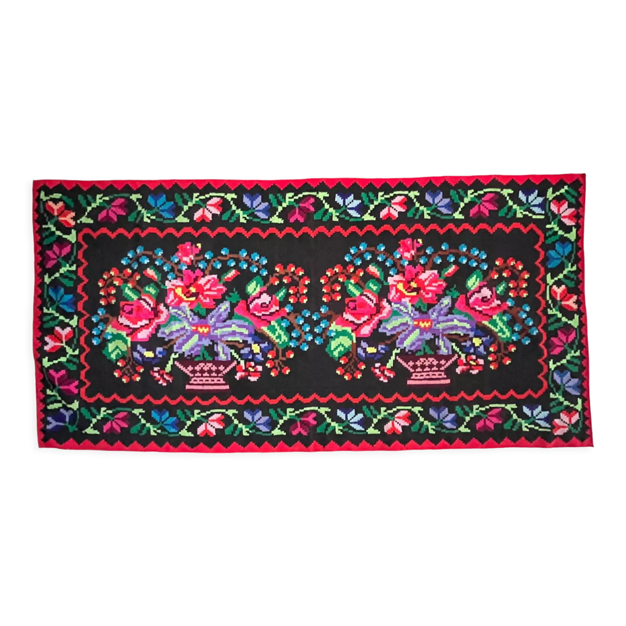 Vintage Romanian handwoven carpet with floral colorful design