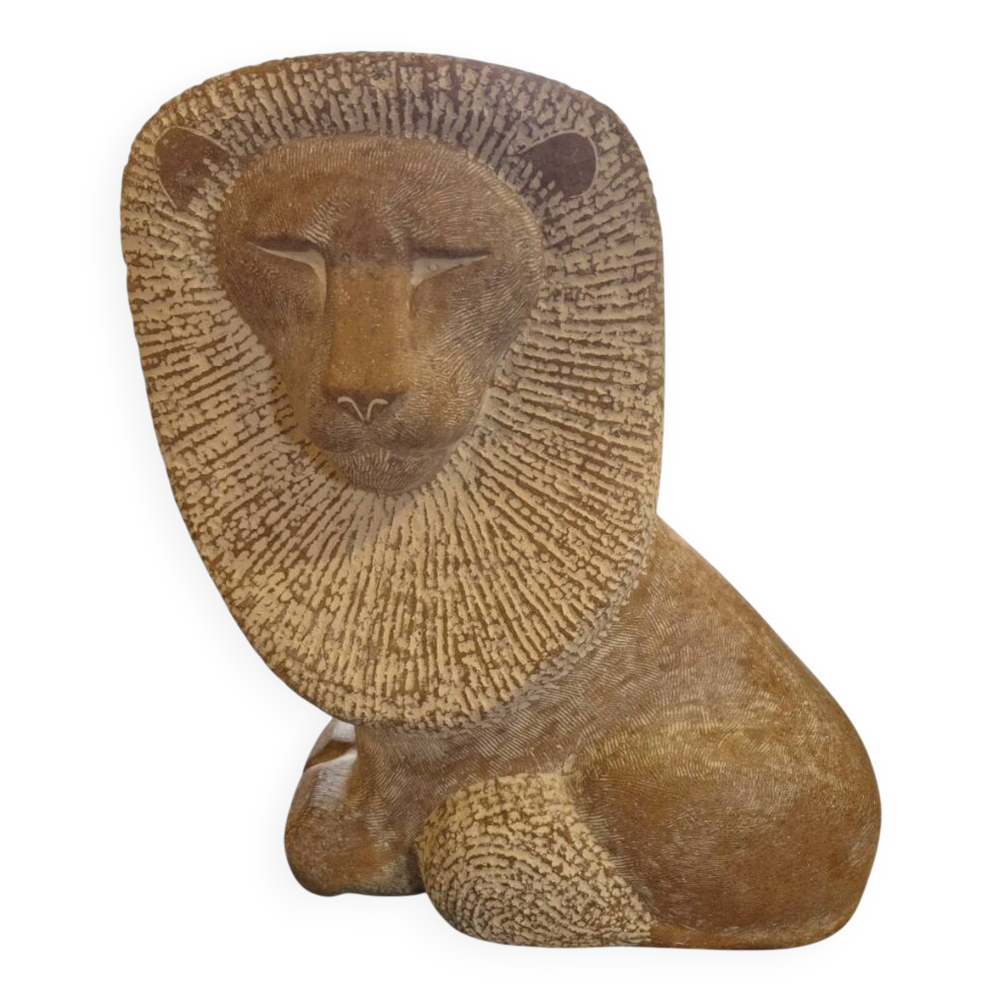 Sculpture of a lion in stone by Islay Grimes.