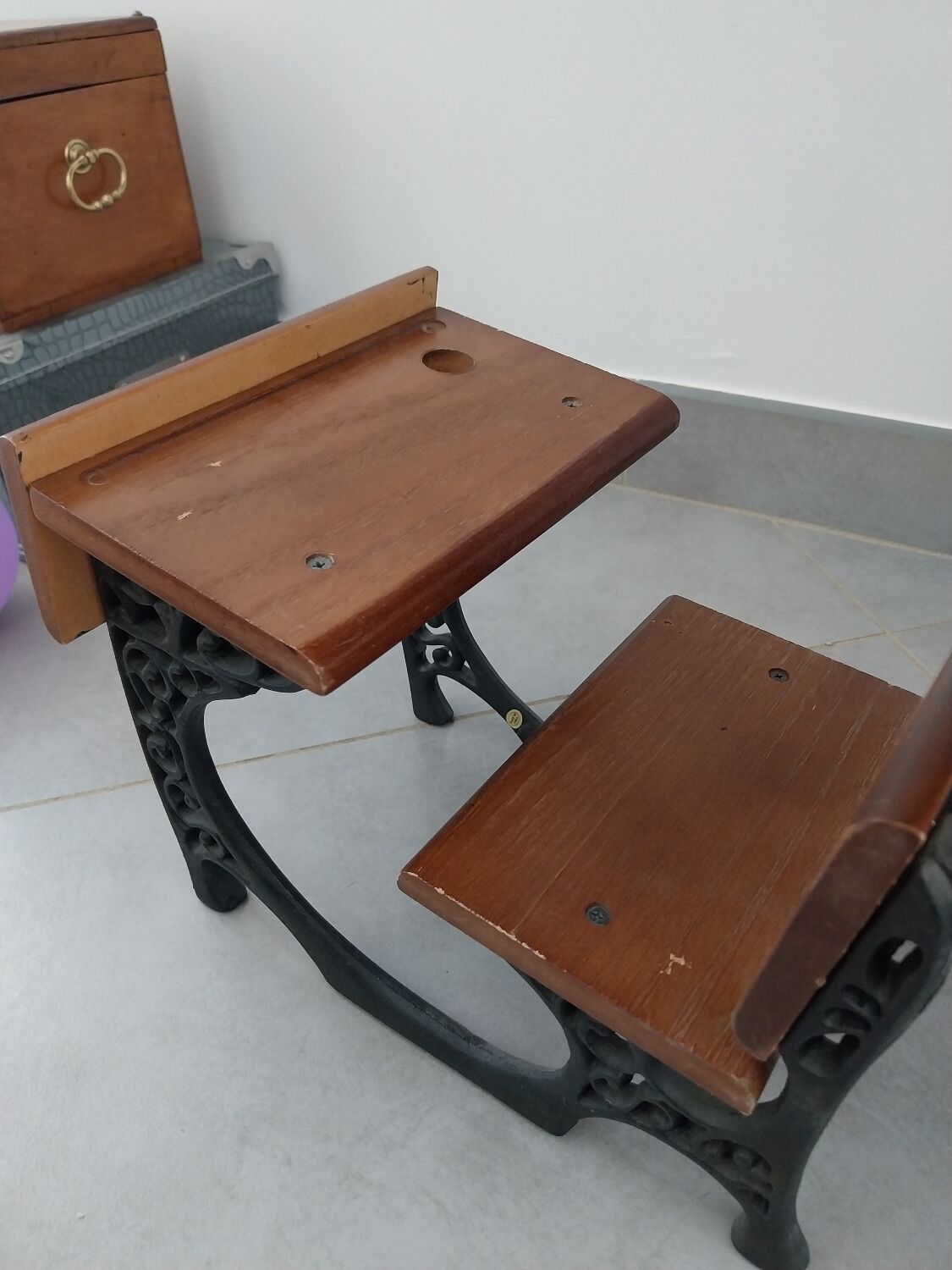 Wooden swing desk and porcelain dolls