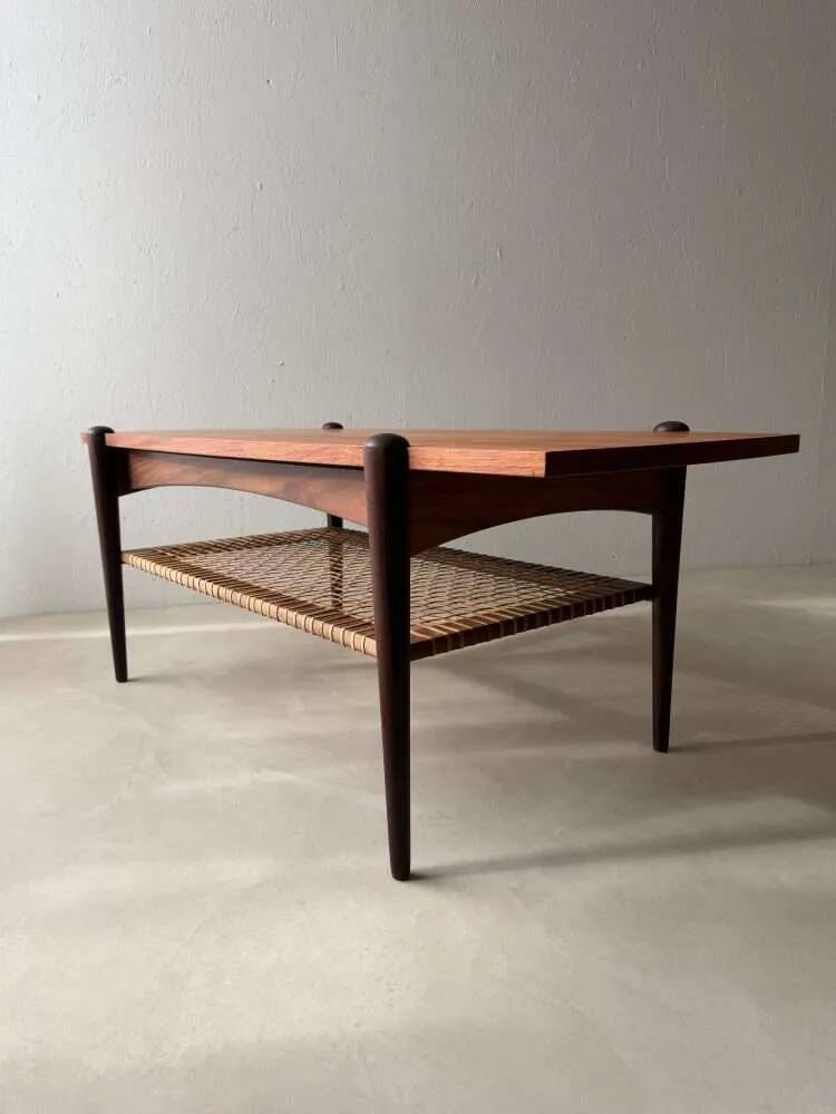 Vintage Creafort coffee table 1960s teak with rattan magazine shelf