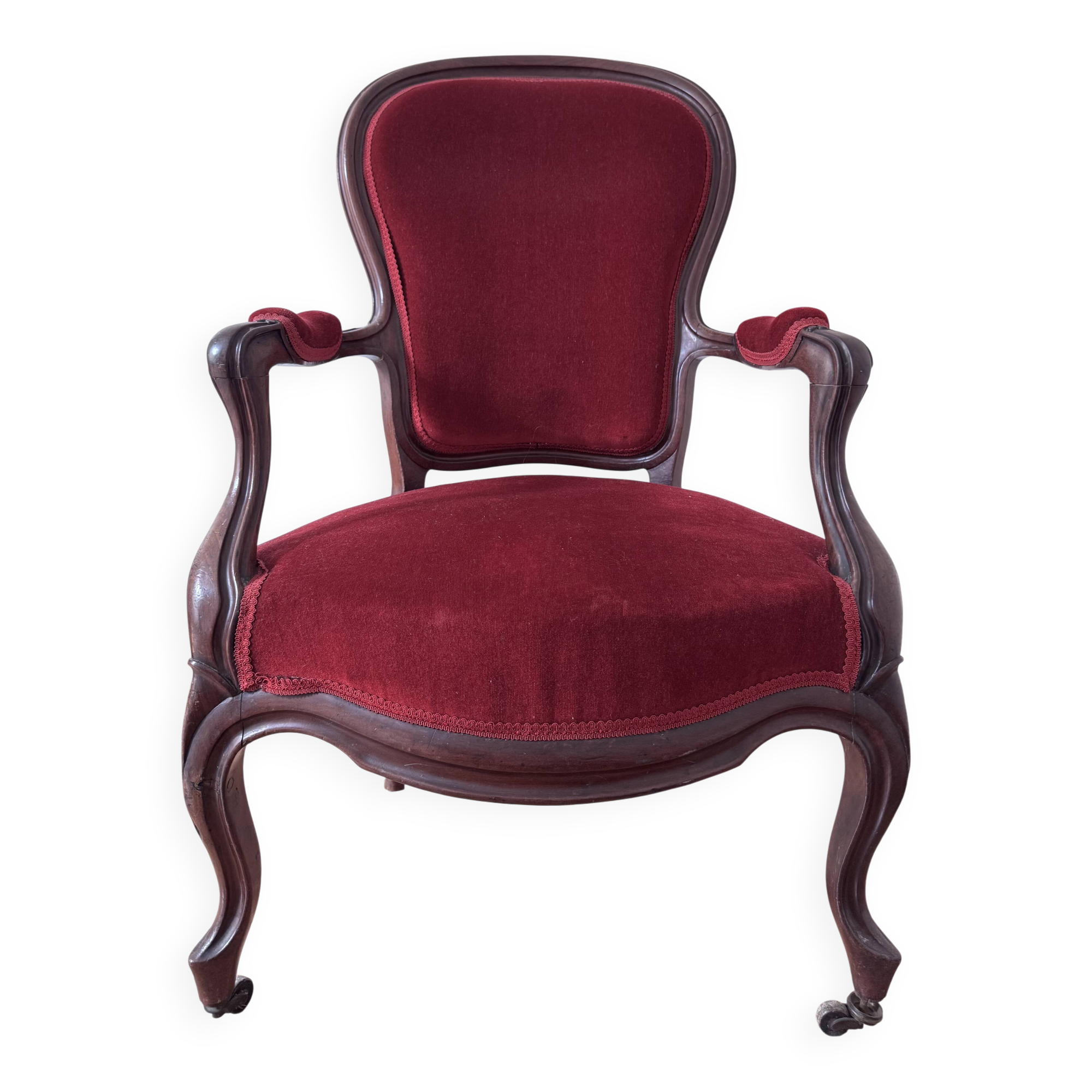 Fauteuil ancien voltaire velour rouge