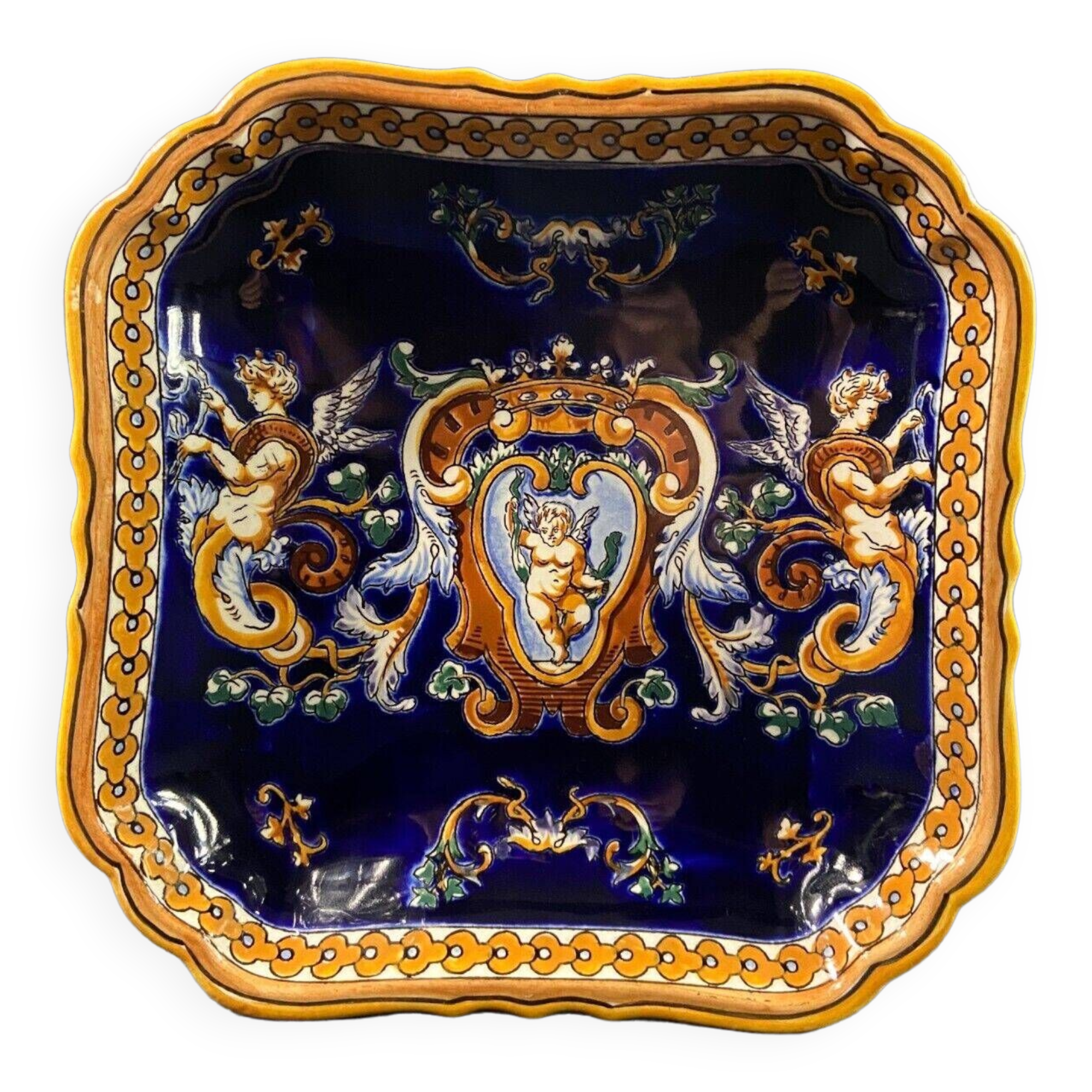 Hollow dish cup in Gien earthenware, Italian Renaissance decor
