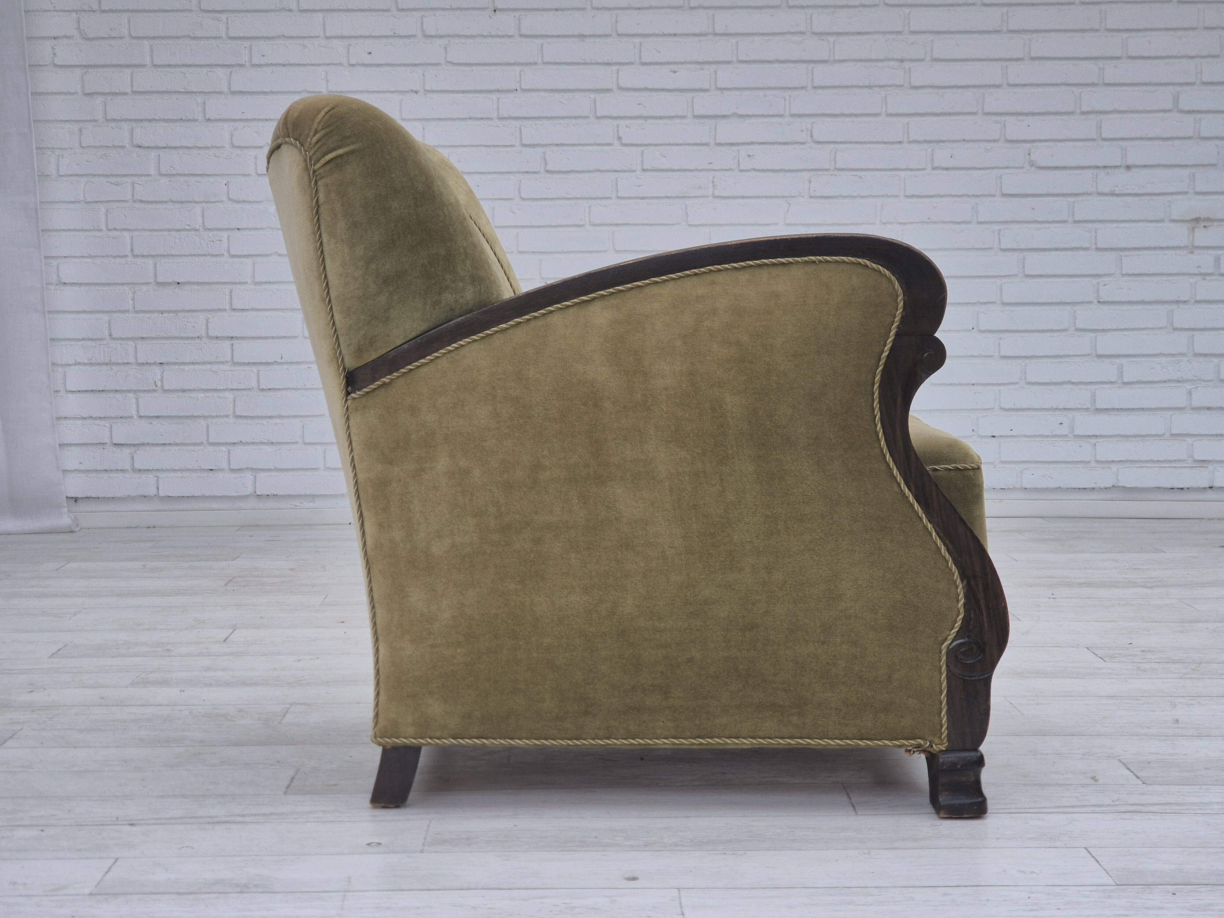 1950s, Danish relax armchair, green furniture velour, beech wood.