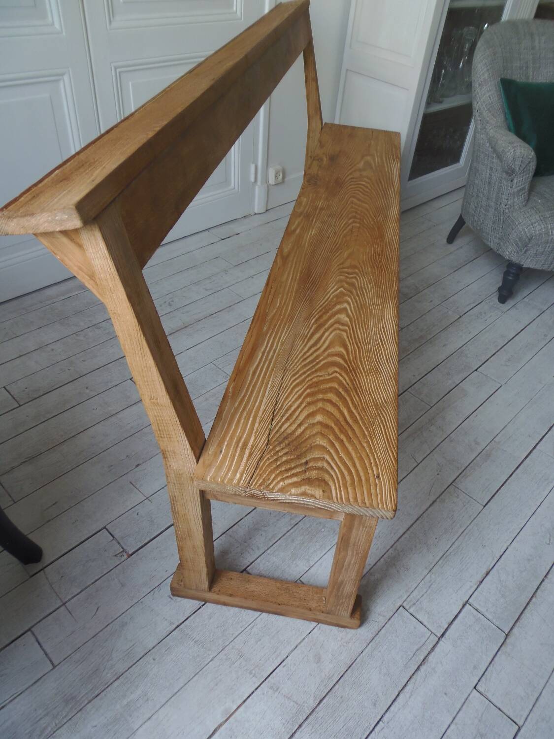 Church bench, end of bed in pitch pine with light oak waxed finish.