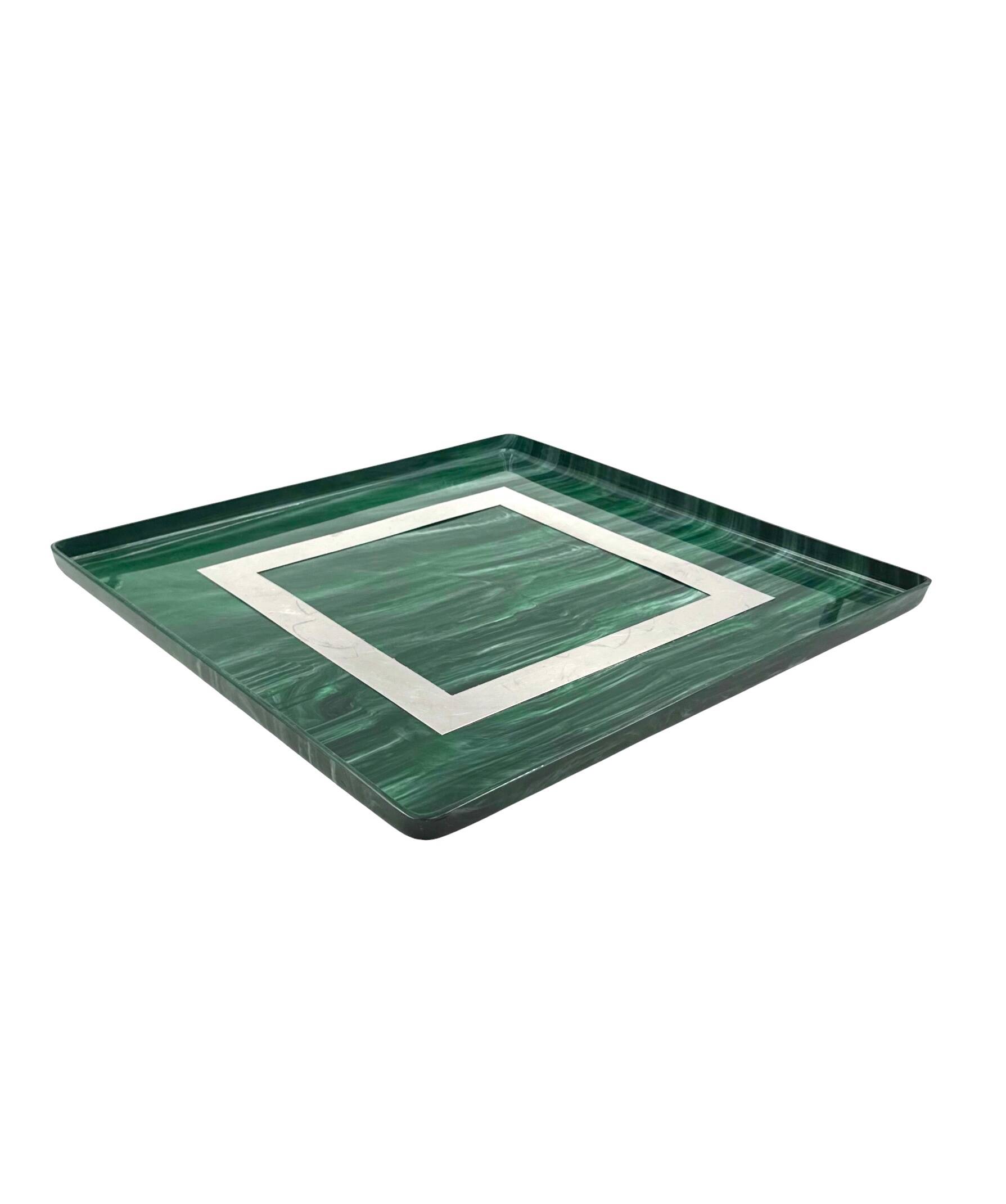 Hollywood regency malachite effect resin & brass tray, Italy 1970s
