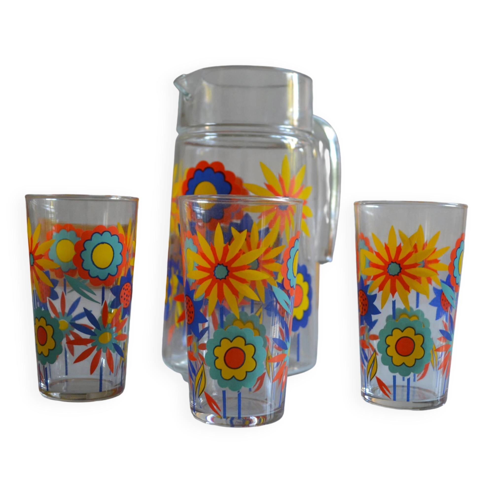 1970s orangeade service with orange flowers, 1 carafe + 3 glasses.