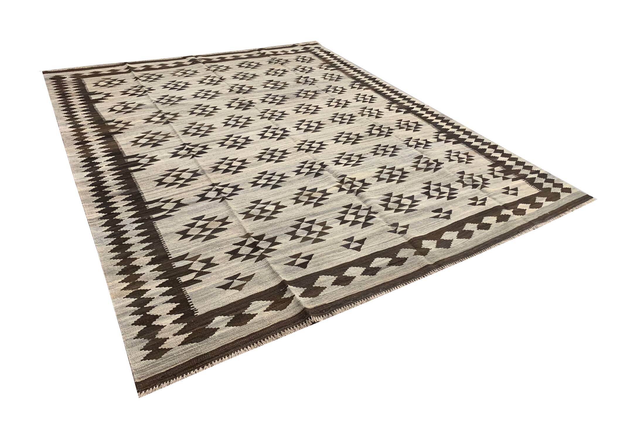 Geometric Subtle Wool Kilim Rug, Handwoven Cream & Brown Floor Covering