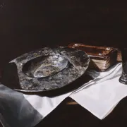 Still life with pewter dish, book and beaker – Marjolein van den Berg