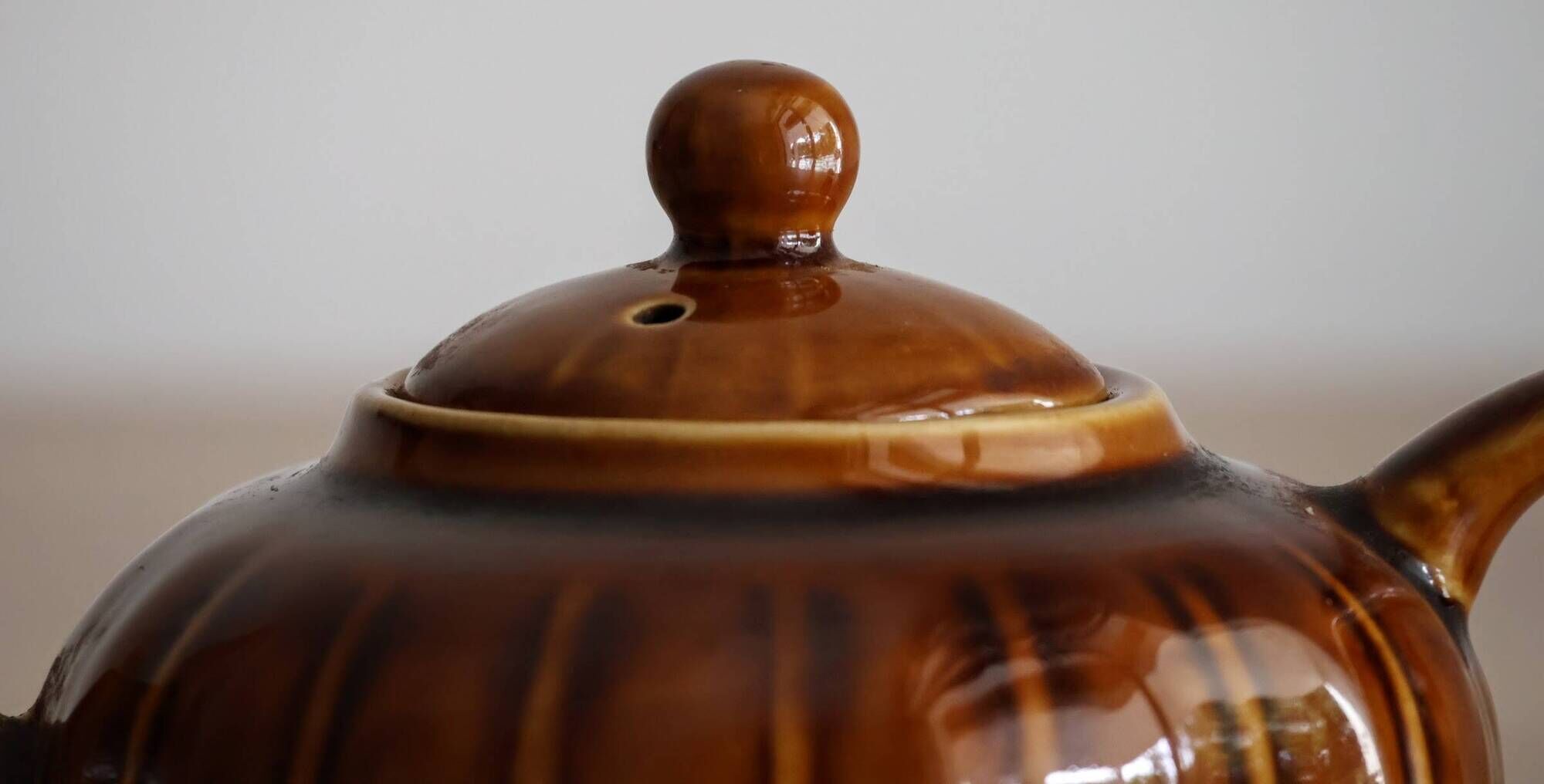 Théière chinoise style citrouille à panneaux marron vintage