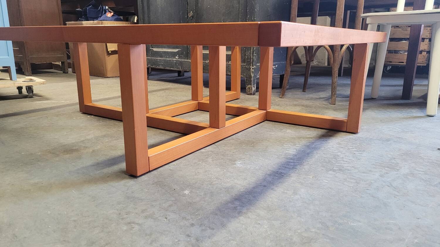 Modernist vintage square coffee table, in wood and old glass
