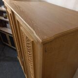 Vintage 70s rattan, wicker, and oak wardrobe