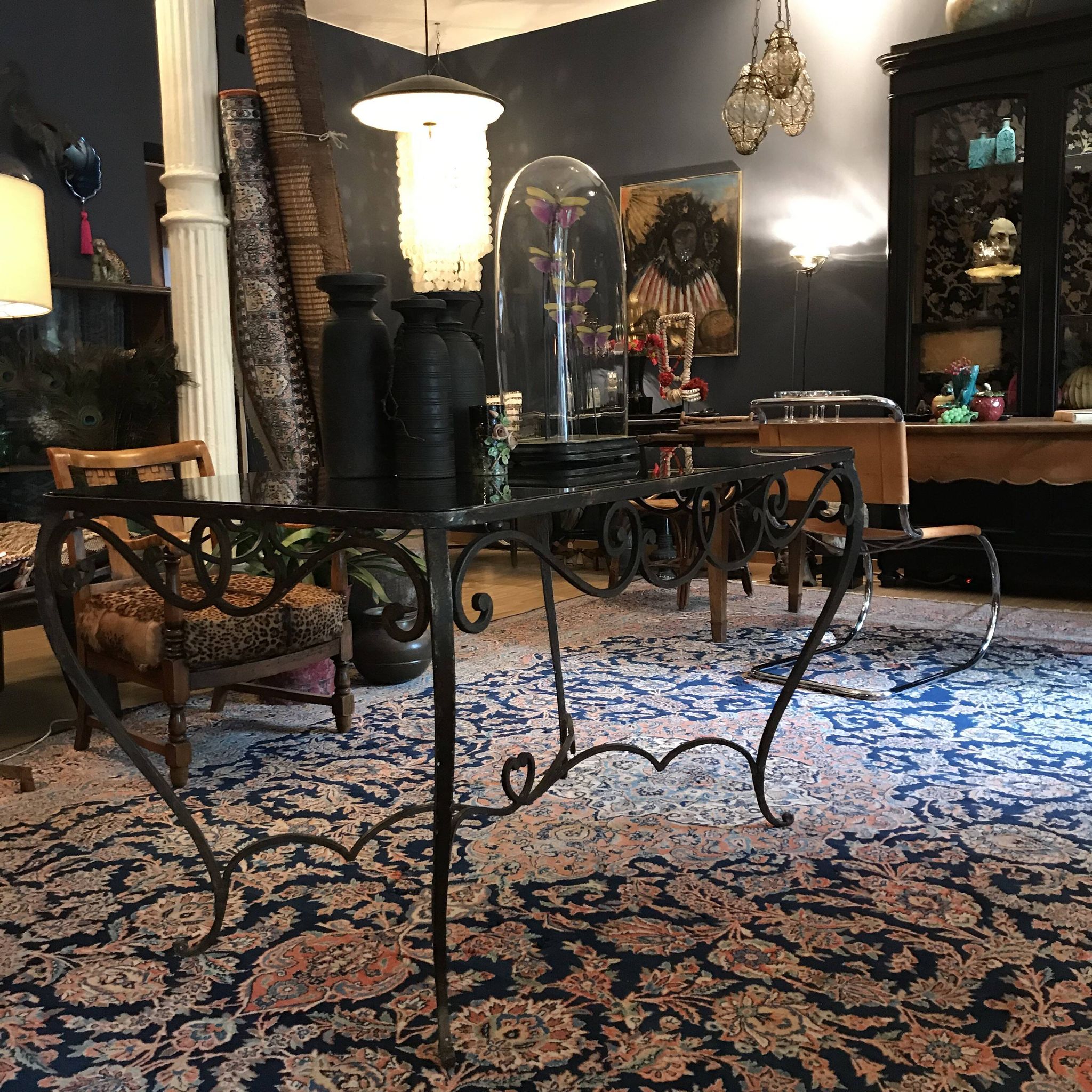 Table à manger Art Déco en fer forgé avec verre noir, années 1930