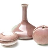 Set of 3 vases and box in mauve pink tones ceramic, 1970s
