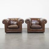 Set of 2 Large Dark Cowhide Leather Chesterfield Armchairs