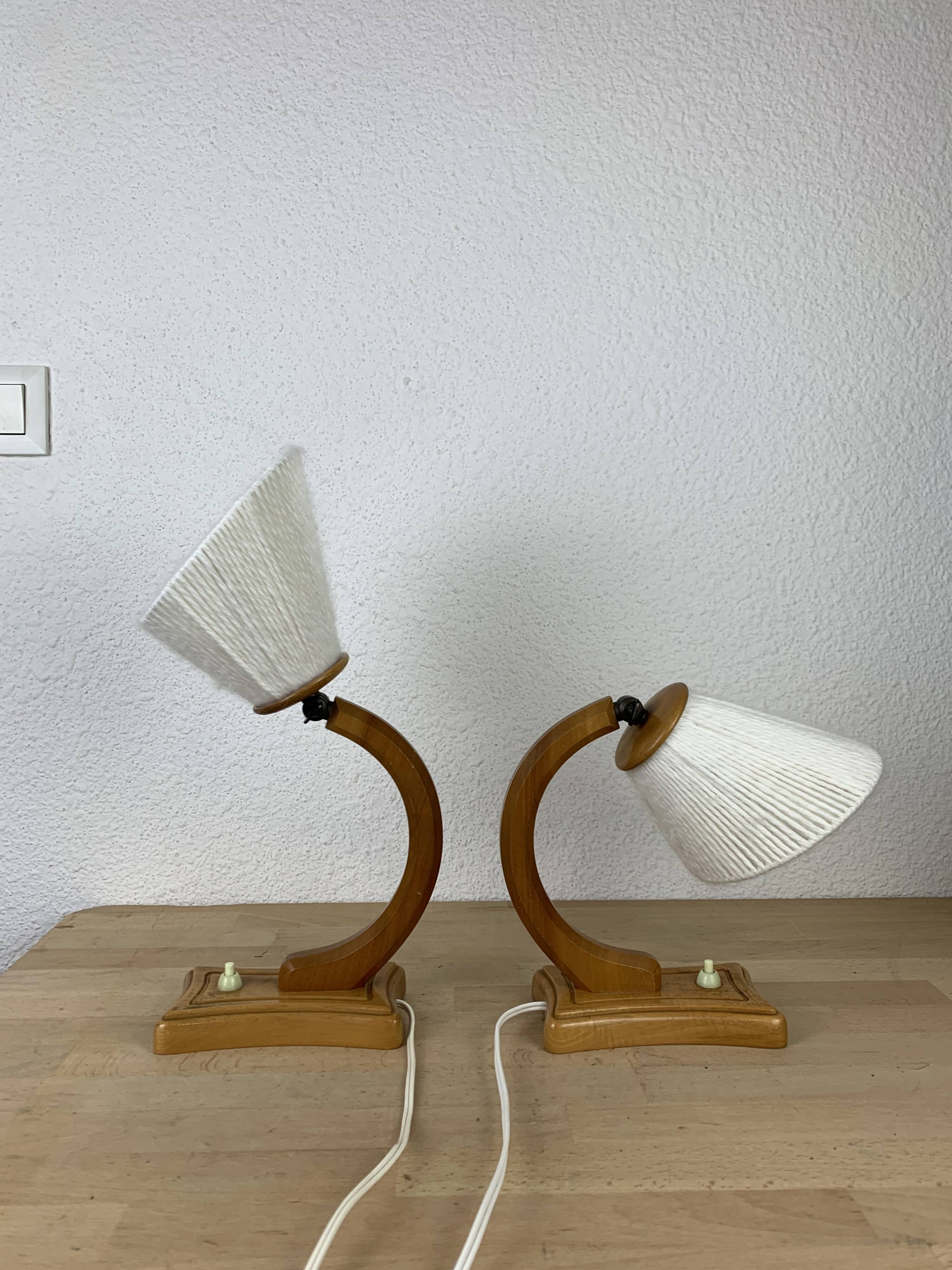 Pair of art deco lamps in curved wood and wool