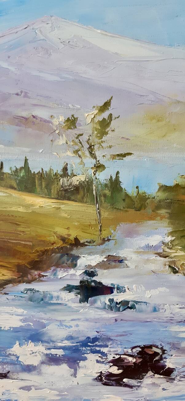 Painting oil on canvas landscape river mountains vintage