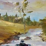 Painting oil on canvas landscape river mountains vintage