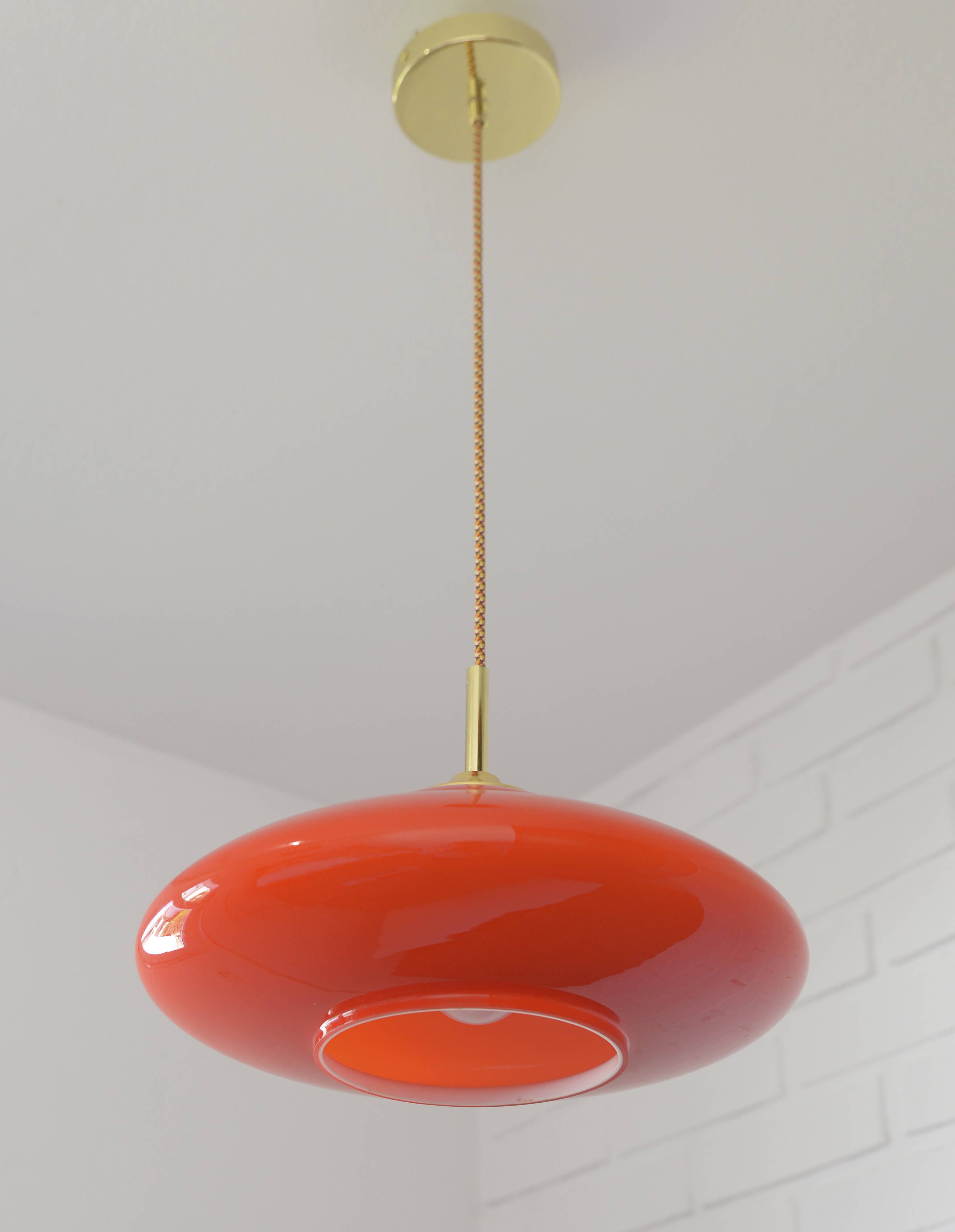 Vintage Orange Glass Pendant Light MCM Space Age Style Hanging Lamp 1970's