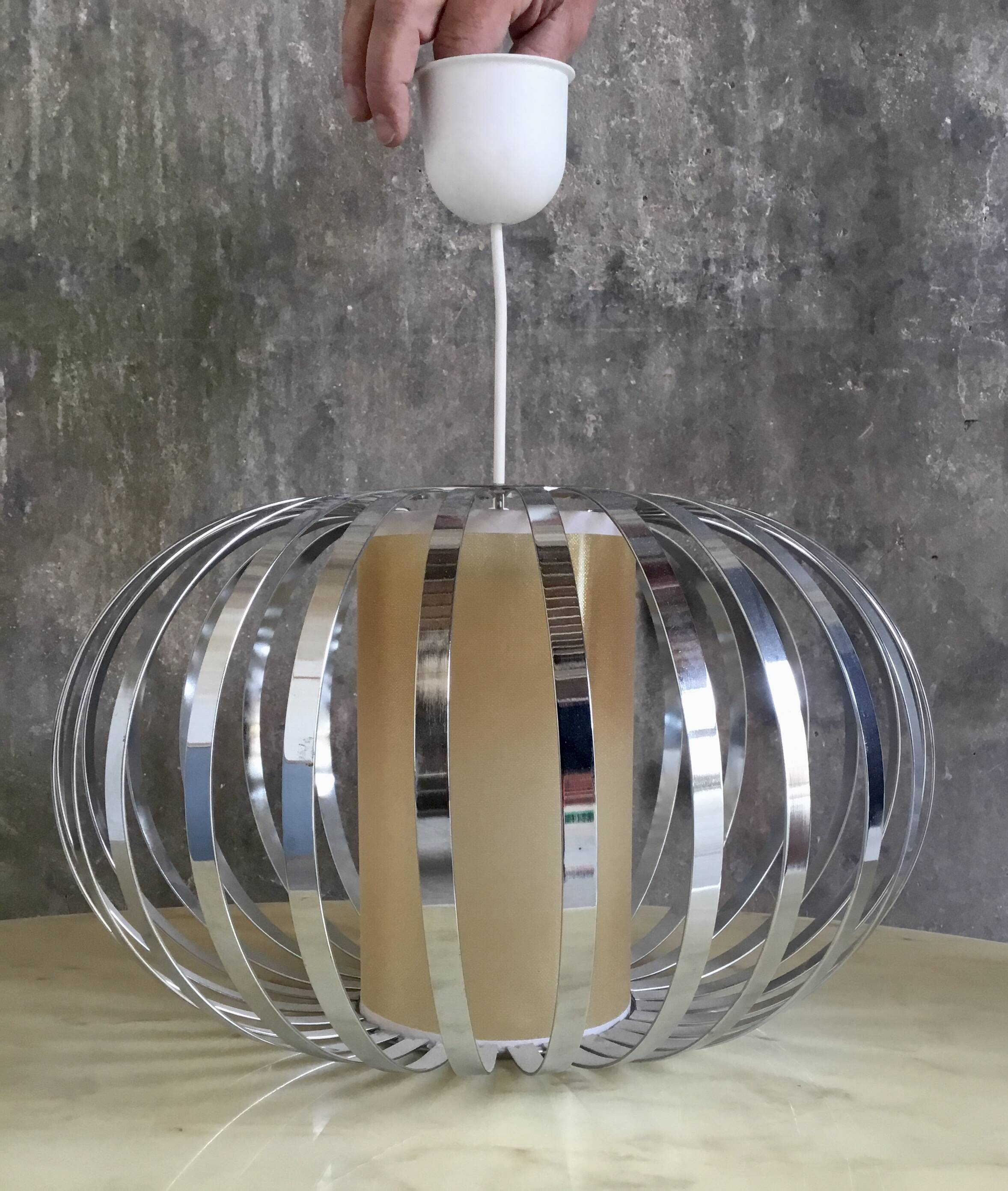 Spherical pendant light with stainless steel blades - vintage 1990