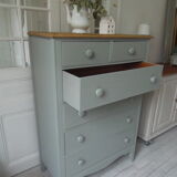 Vintage chest of drawers green gray, 5 drawers, wooden top.