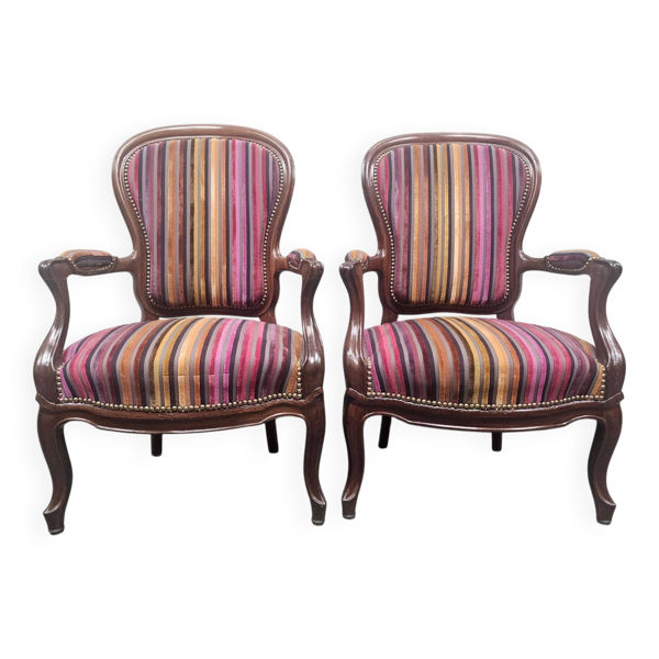 Paire de fauteuils Louis Philippe en velours rayé multicolore