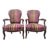 Pair of Louis Philippe armchairs in multi-colored striped velvet