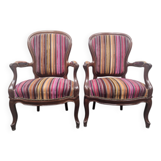 Paire de fauteuils Louis Philippe en velours rayé multicolore