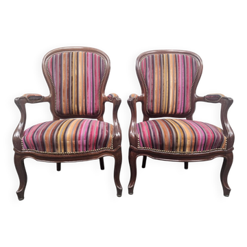 Paire de fauteuils Louis Philippe en velours rayé multicolore
