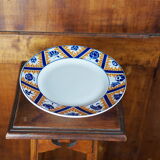 Plat à gâteau en faïence à motif de fleurs, nuages et flammes, orange et bleu - Orchies - 50s
