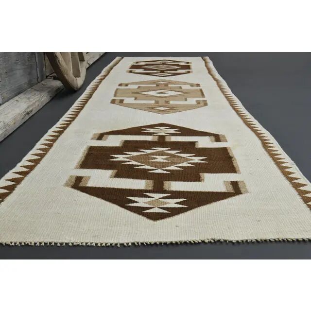 1970s Vintage Turkish Hand-Knotted Wool Cotton Beige Runner Rug 96x343