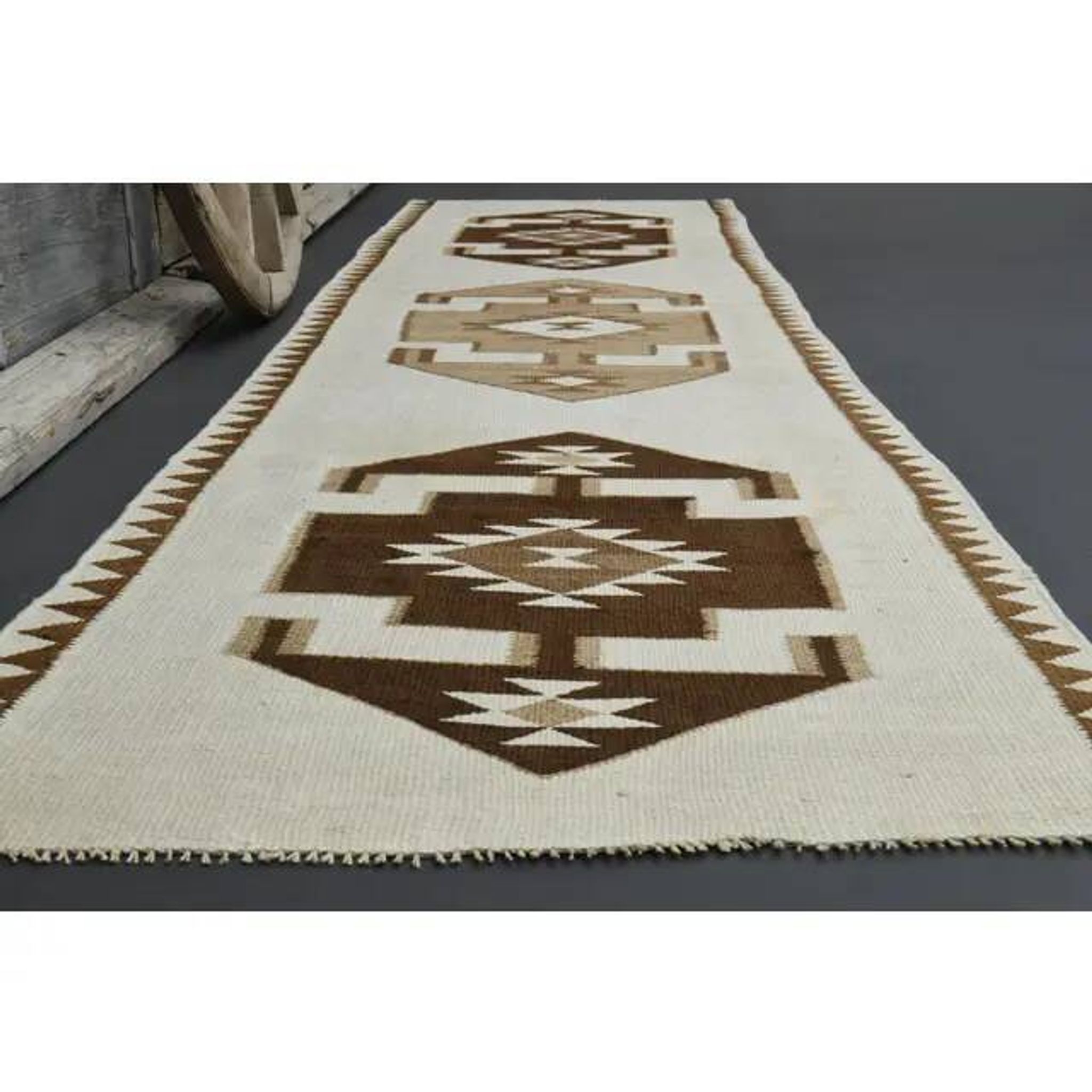 1970s Vintage Turkish Hand-Knotted Wool Cotton Beige Runner Rug 96x343