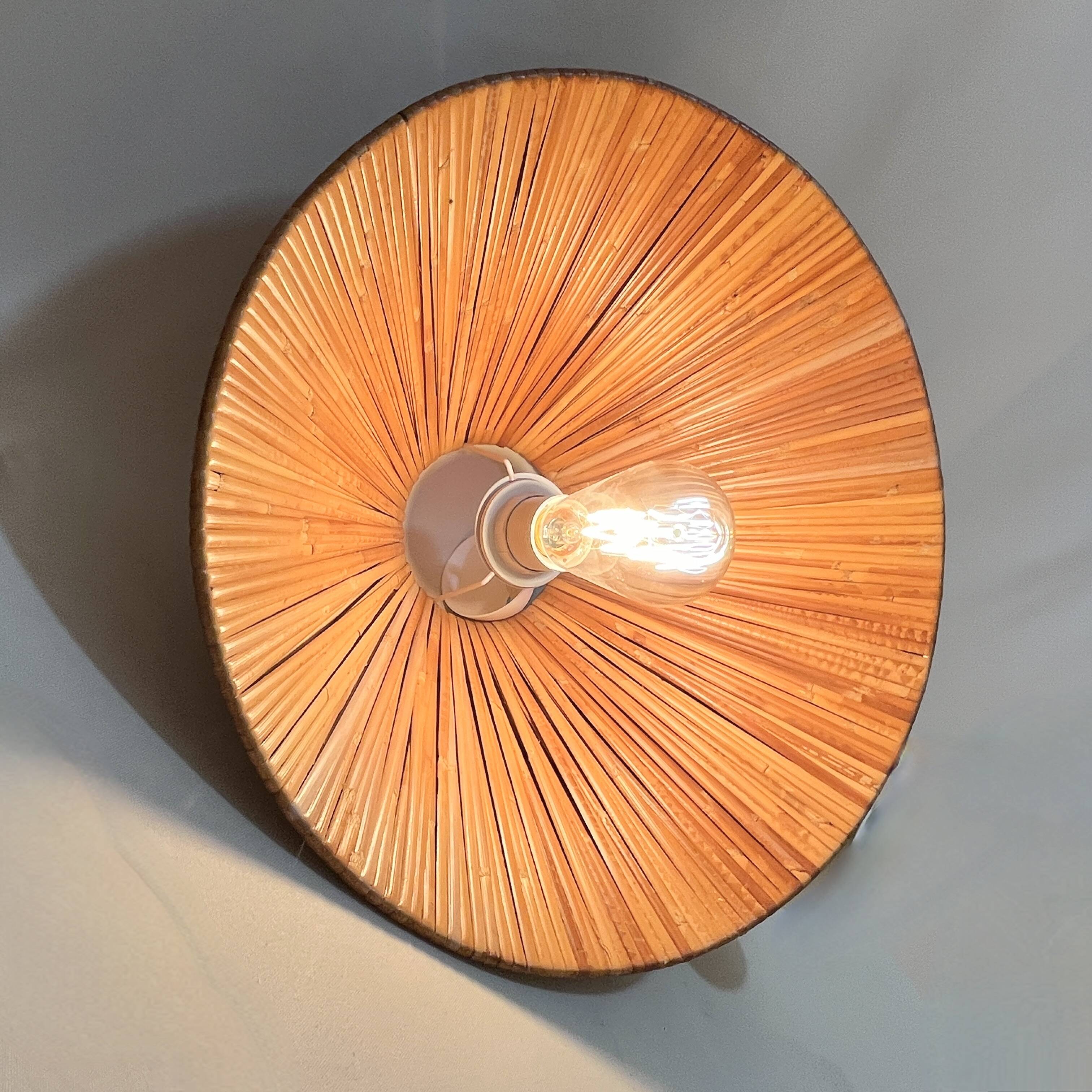 Vintage wicker or rattan conical pendant light from the 70s and 80s, bohemian chic