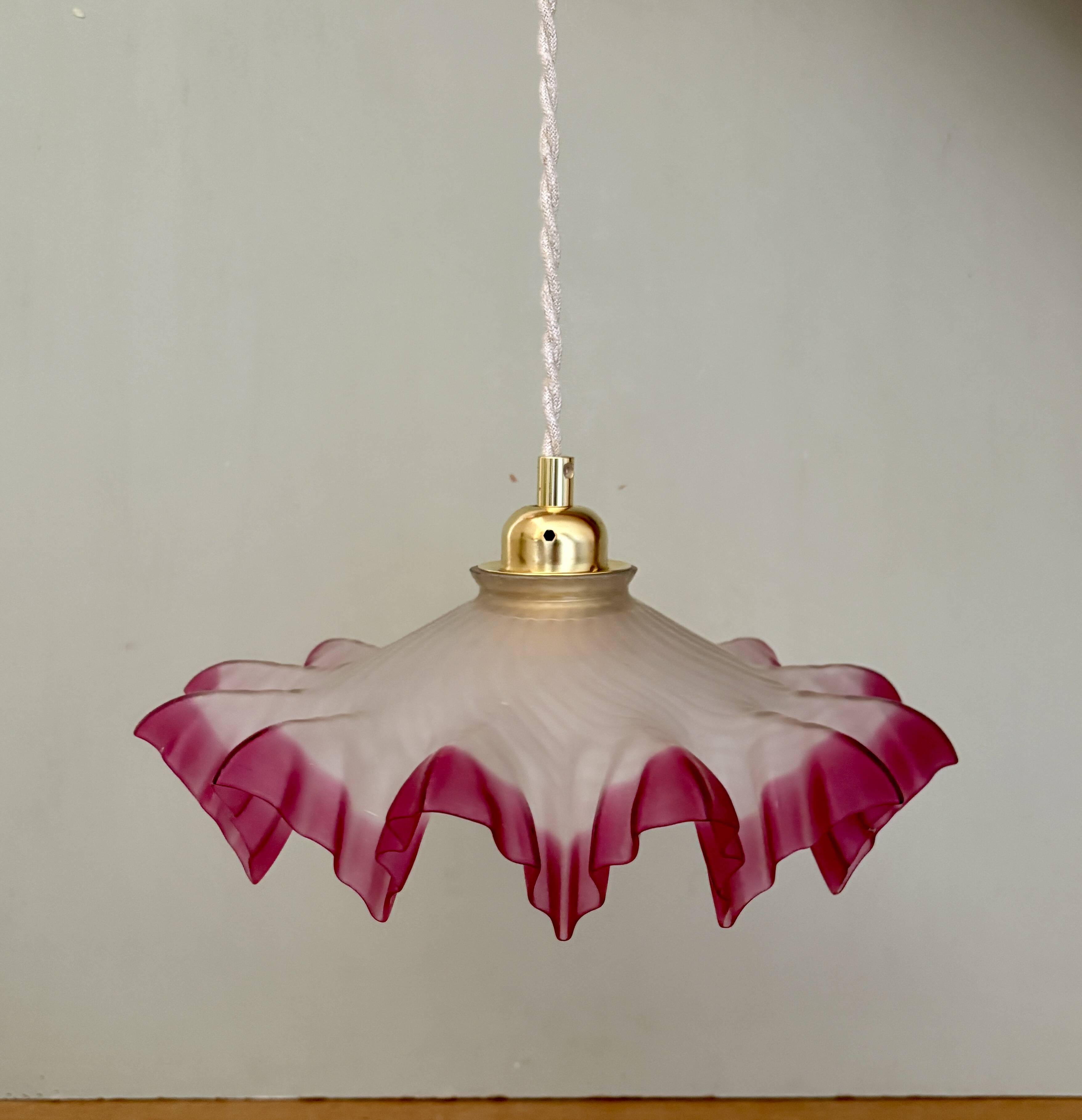 Vintage lace lampshade pendant light in pink frosted glass