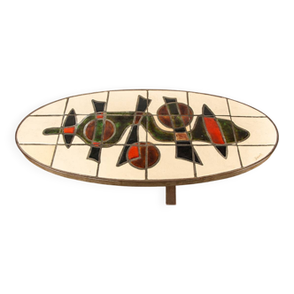 Table basse Française, Acier Chromé et Céramique par Barrois Vallauris 1960
