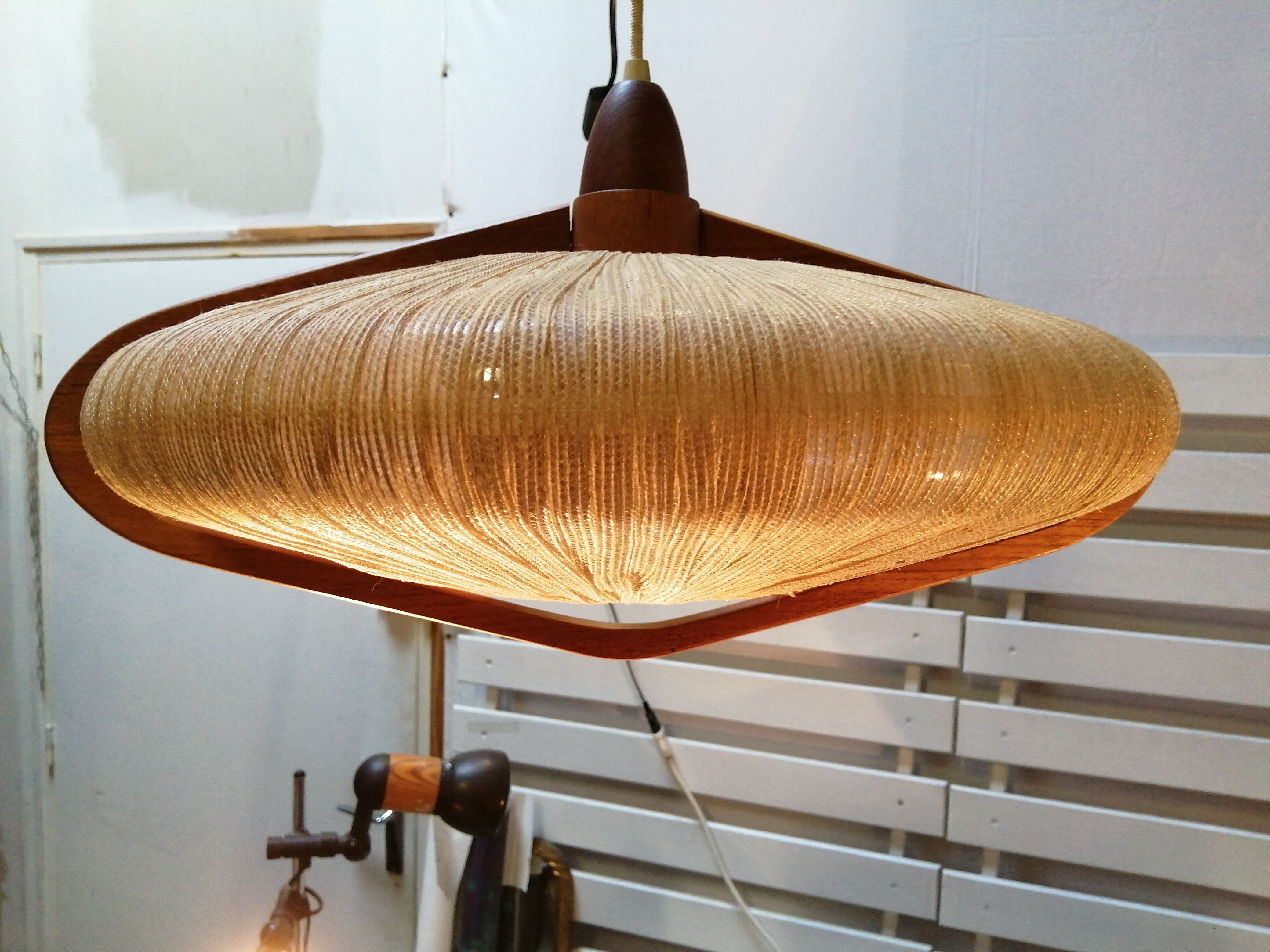 Sisal Ufo pendant lamp and vintage teak by Temde Leuchten
