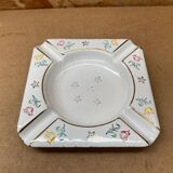 Ancien cendrier aubecq métal émaillé blanc décor fleurs & étoiles vintage