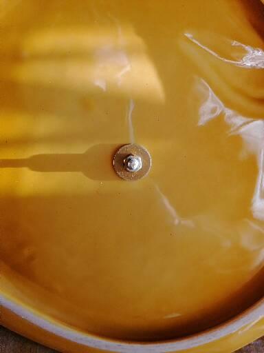 Old lemon-shaped cheese dish, vintage yellow ceramic brass handle 70s