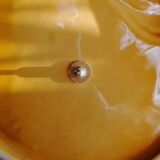 Old lemon-shaped cheese dish, vintage yellow ceramic brass handle 70s