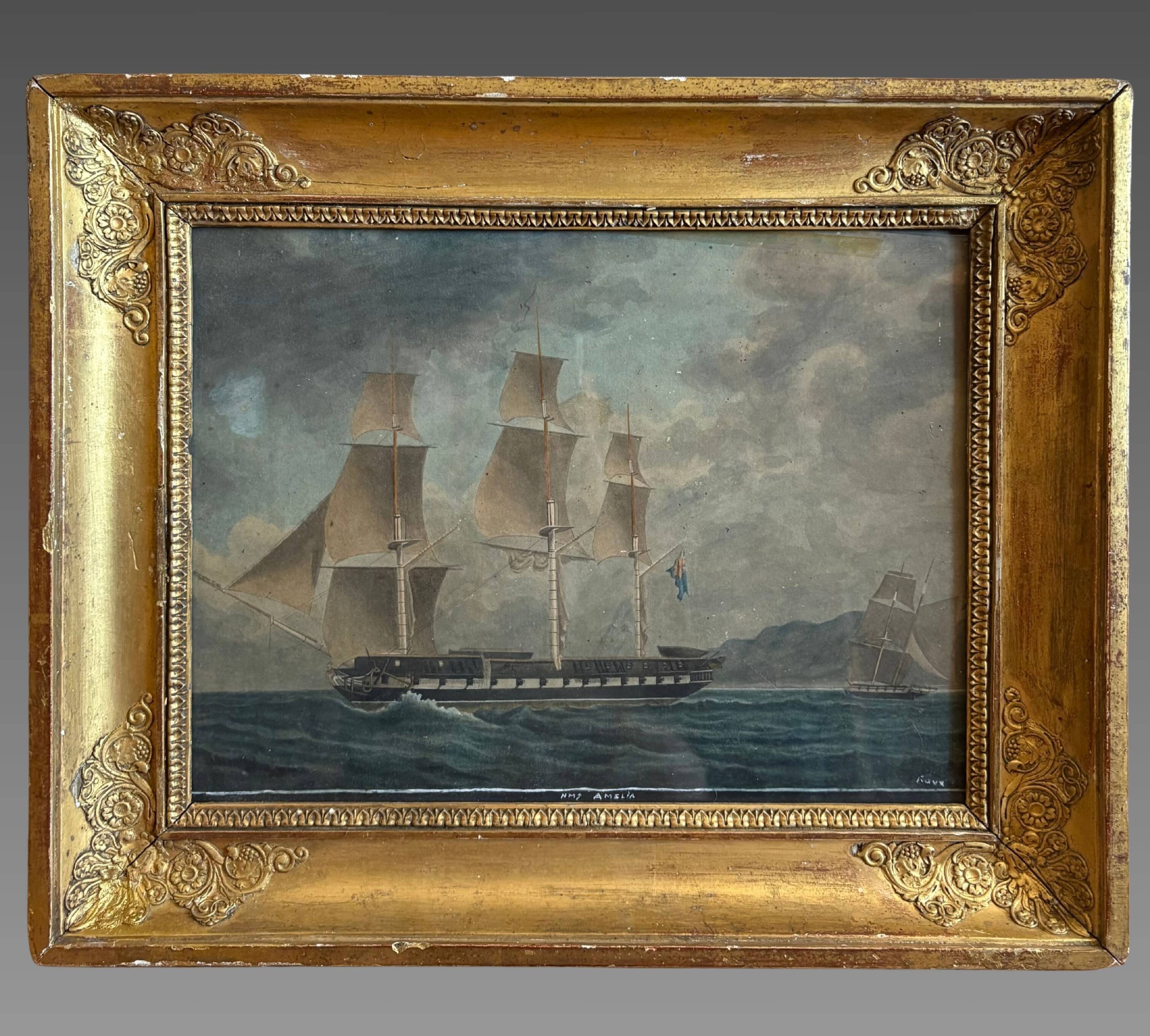 François geoffroi roux (1811-1882) marine gouache frigate hms majesty's